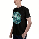 Men's Black T-Shirt with Tropical Palm Leaf and Cat Print, Soft Cotton Material, Perfect for Summer Outfits