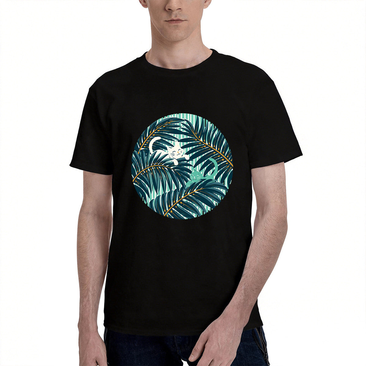 Men's Black T-Shirt with Tropical Palm Leaf and Cat Print, Soft Cotton Material, Perfect for Summer Outfits