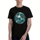 Men's Black T-Shirt with Tropical Palm Leaf and Cat Print, Soft Cotton Material, Perfect for Summer Outfits