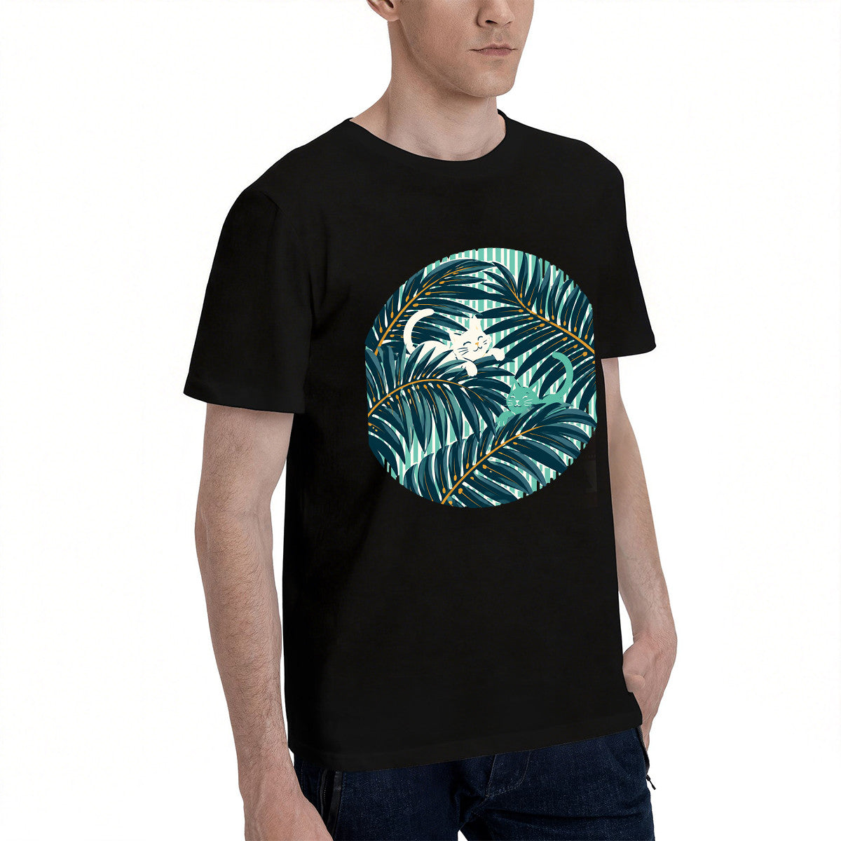 Men's Black T-Shirt with Tropical Palm Leaf and Cat Print, Soft Cotton Material, Perfect for Summer Outfits