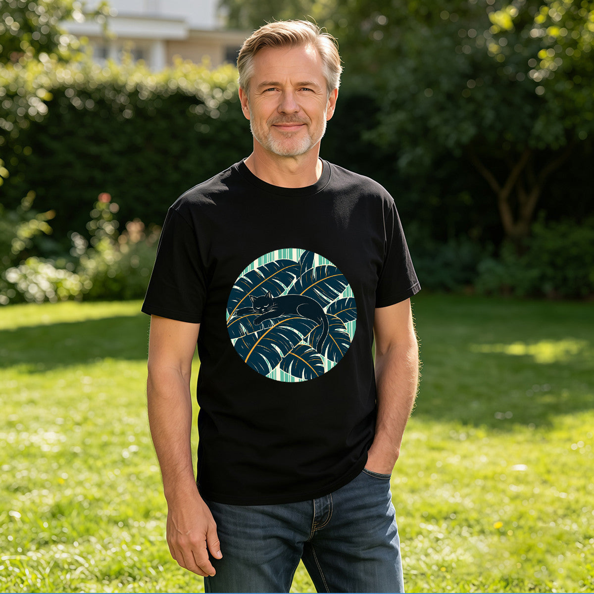 Men's Black T-Shirt with Tropical Cat Design, Soft Cotton, Perfect for Summer or Gift