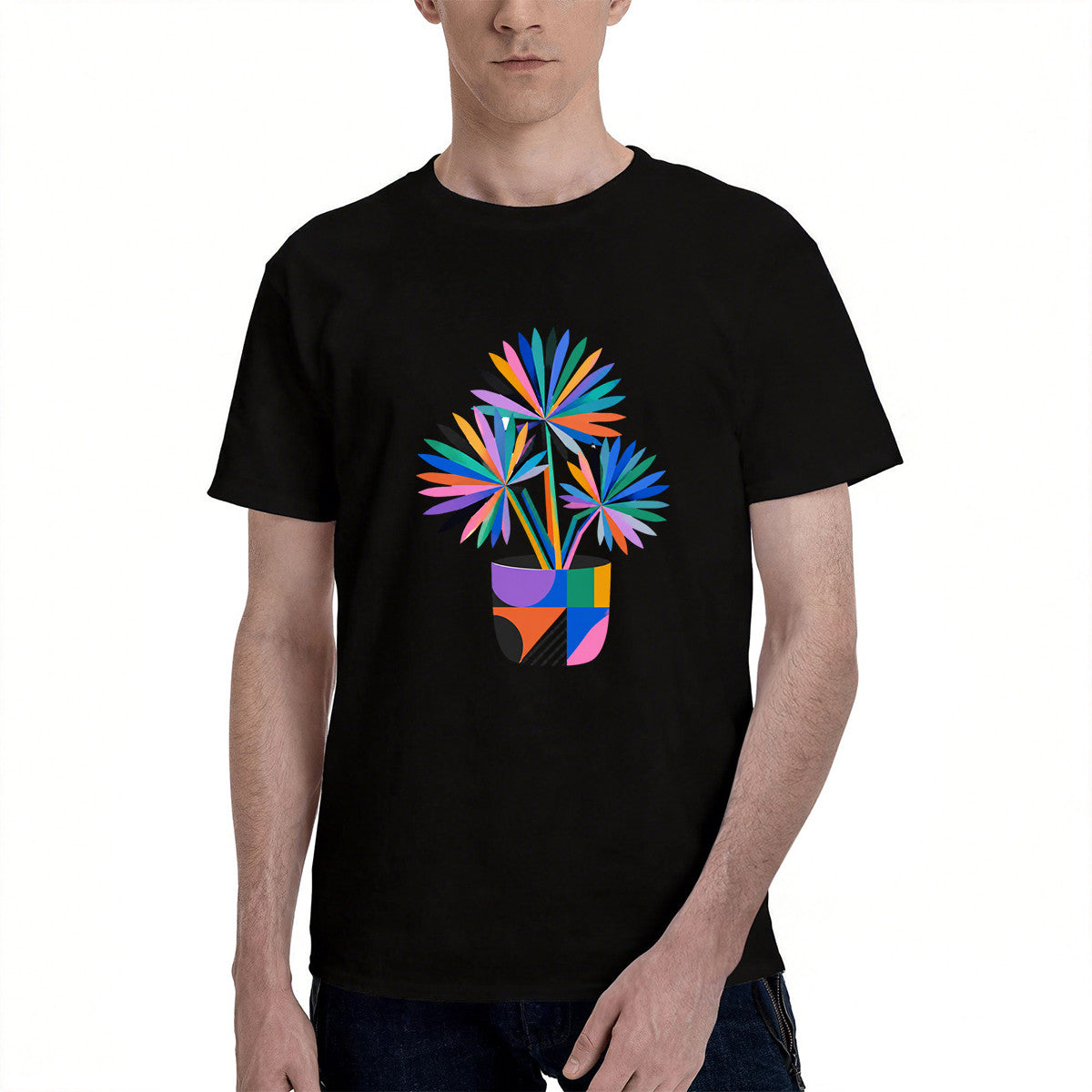 Unisex Black T-Shirt with Vibrant Abstract Plant Design, Soft Cotton Material, Perfect for Casual Wear or Gift