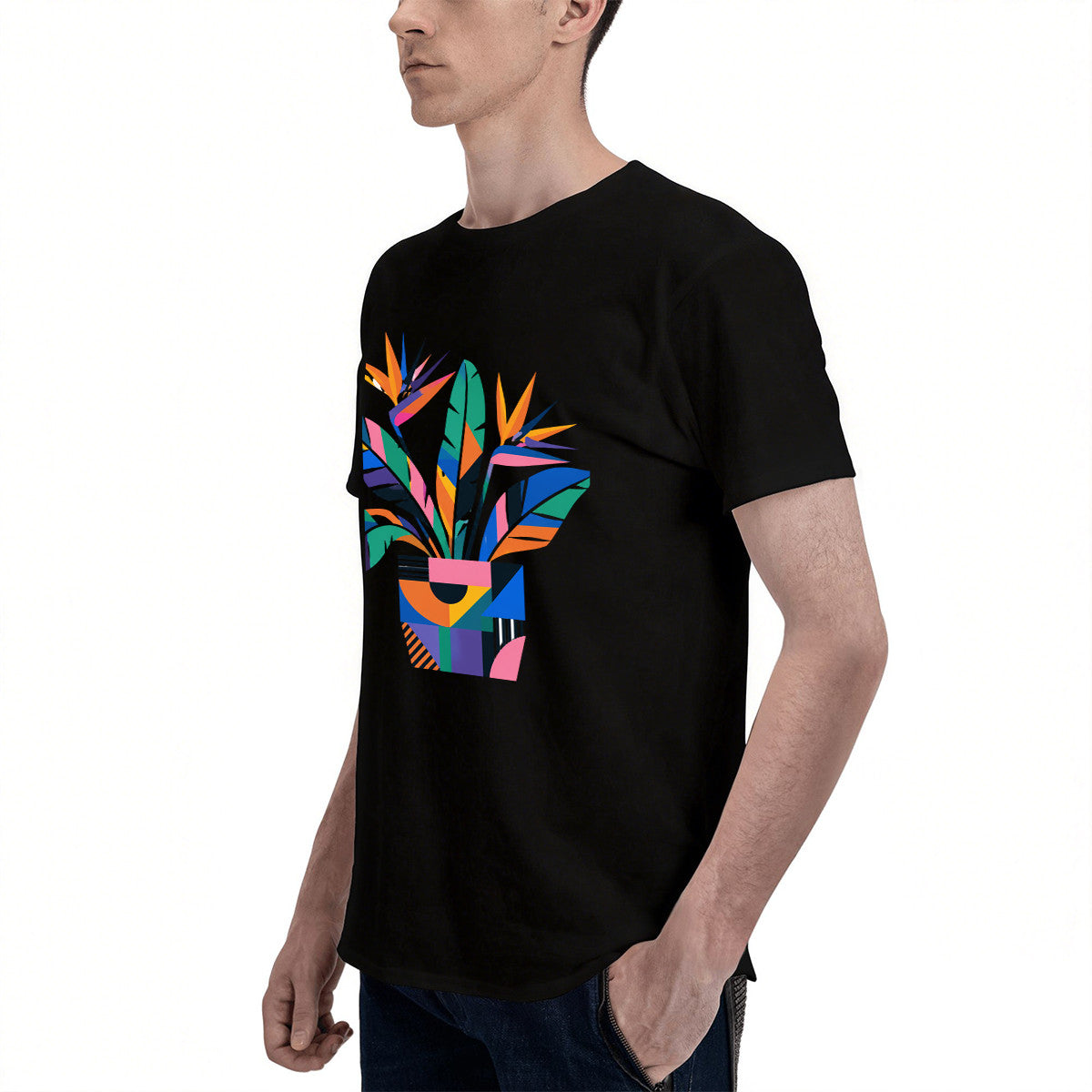 Unisex Black T-Shirt with Vibrant Bird of Paradise Graphic, Soft Cotton Material, Perfect for Casual Wear or Gift