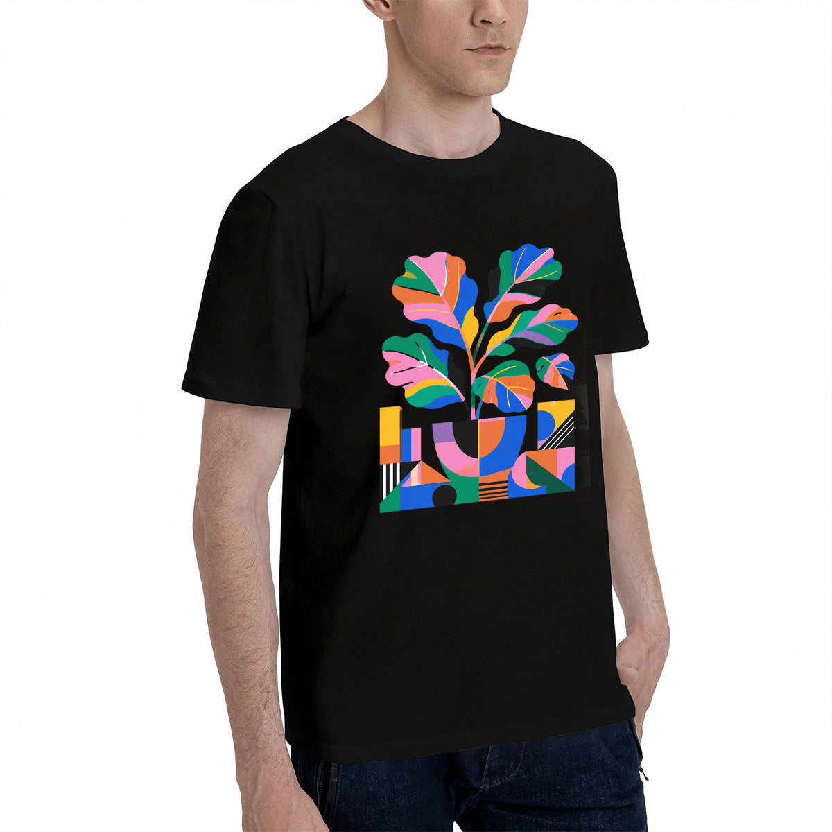 Unisex Black T-Shirt with Vibrant Abstract Plant Design, Soft Cotton Material, Perfect for Casual Wear or Gift