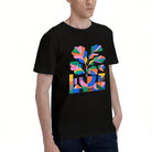 Unisex Black T-Shirt with Vibrant Abstract Plant Design, Soft Cotton Material, Perfect for Casual Wear or Gift