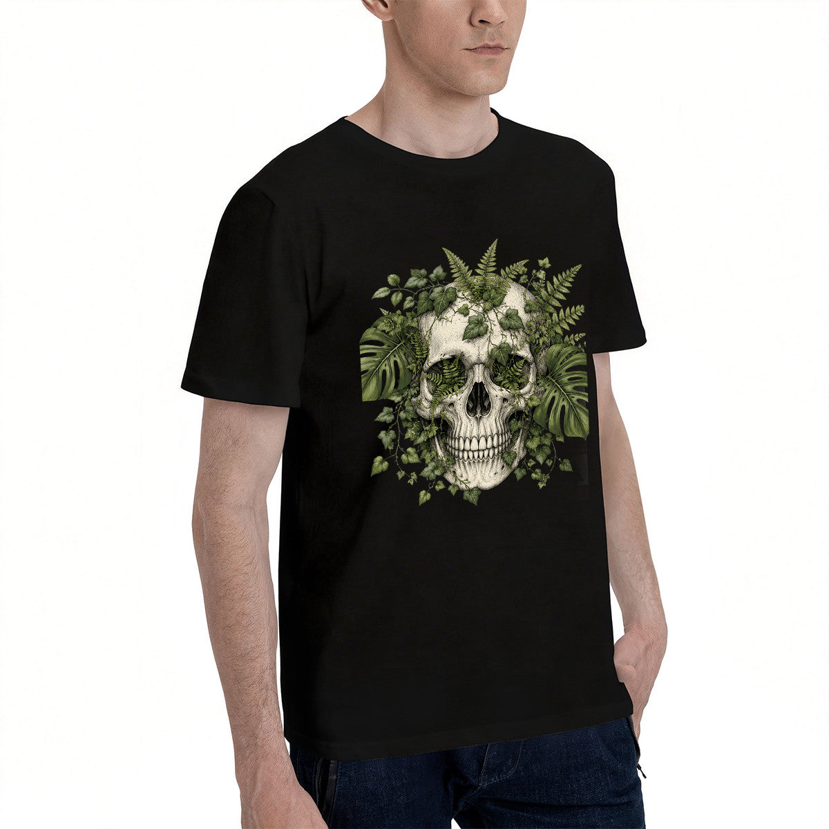 Men's Black T-Shirt with Intricate Green Skull and Leaf Design, Soft Cotton Material, Perfect for Casual Wear or Unique Gift