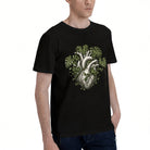 Men's Black Cotton T-Shirt with Anatomical Heart and Green Leaves Design, Eco-Friendly Material for Casual Wear