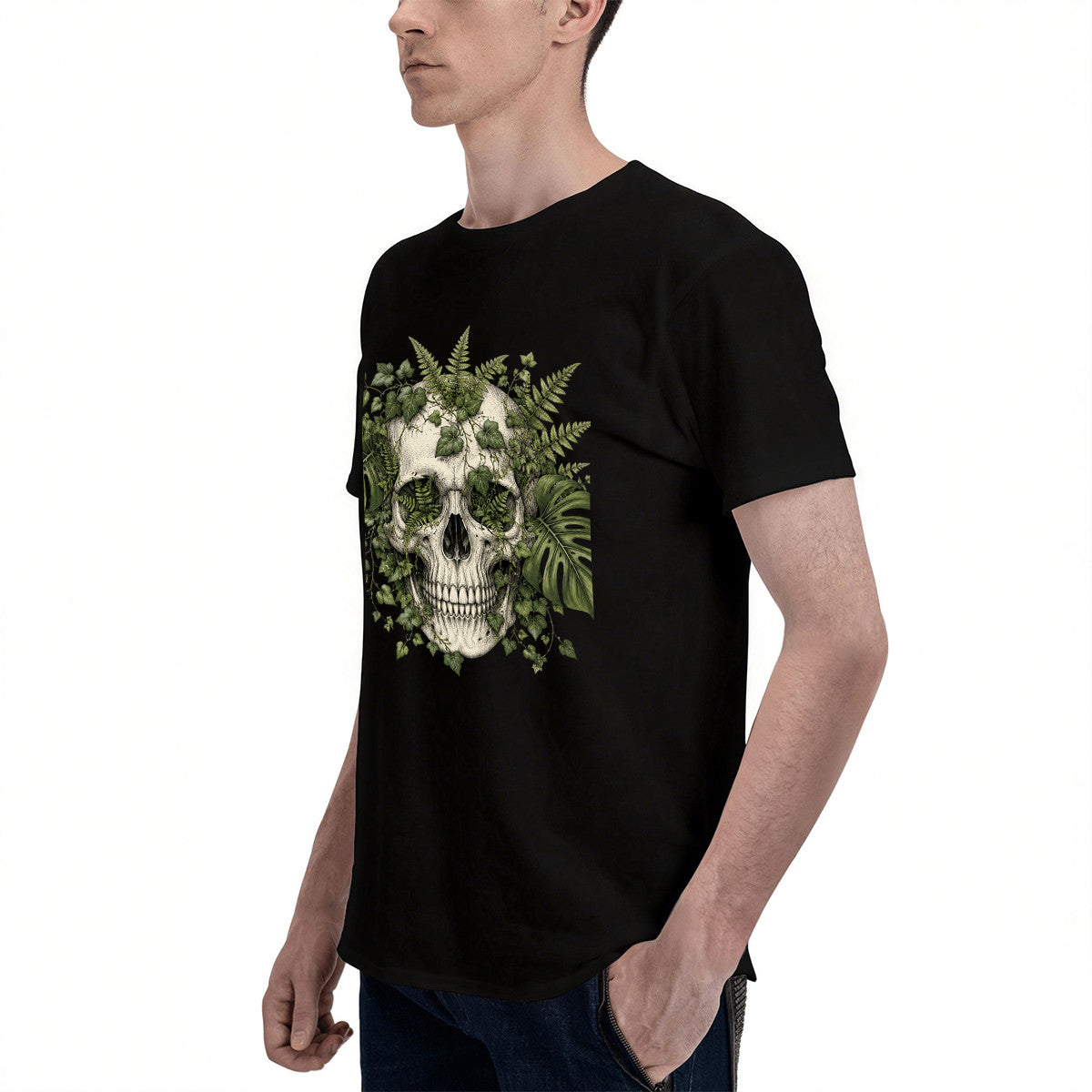Men's Black T-Shirt with Intricate Green Skull and Leaf Design, Soft Cotton Material, Perfect for Casual Wear or Unique Gift