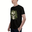 Men's Black T-Shirt with Intricate Green Skull and Leaf Design, Soft Cotton Material, Perfect for Casual Wear or Unique Gift