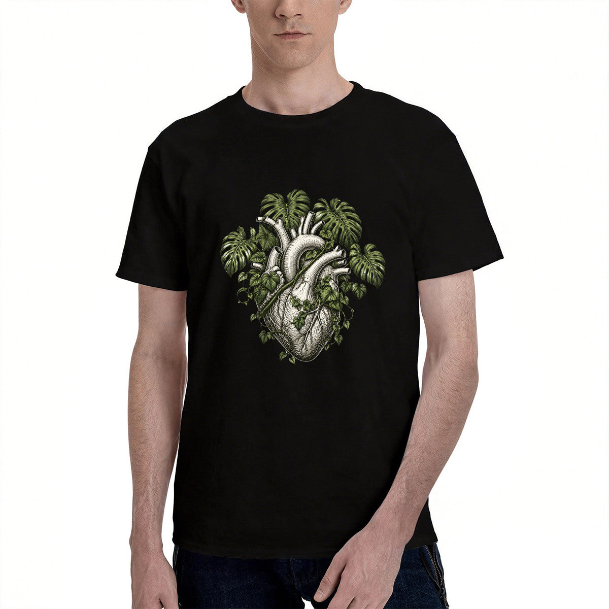 Men's Black Cotton T-Shirt with Anatomical Heart and Green Leaves Design, Eco-Friendly Material for Casual Wear