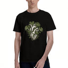 Men's Black Cotton T-Shirt with Anatomical Heart and Green Leaves Design, Eco-Friendly Material for Casual Wear
