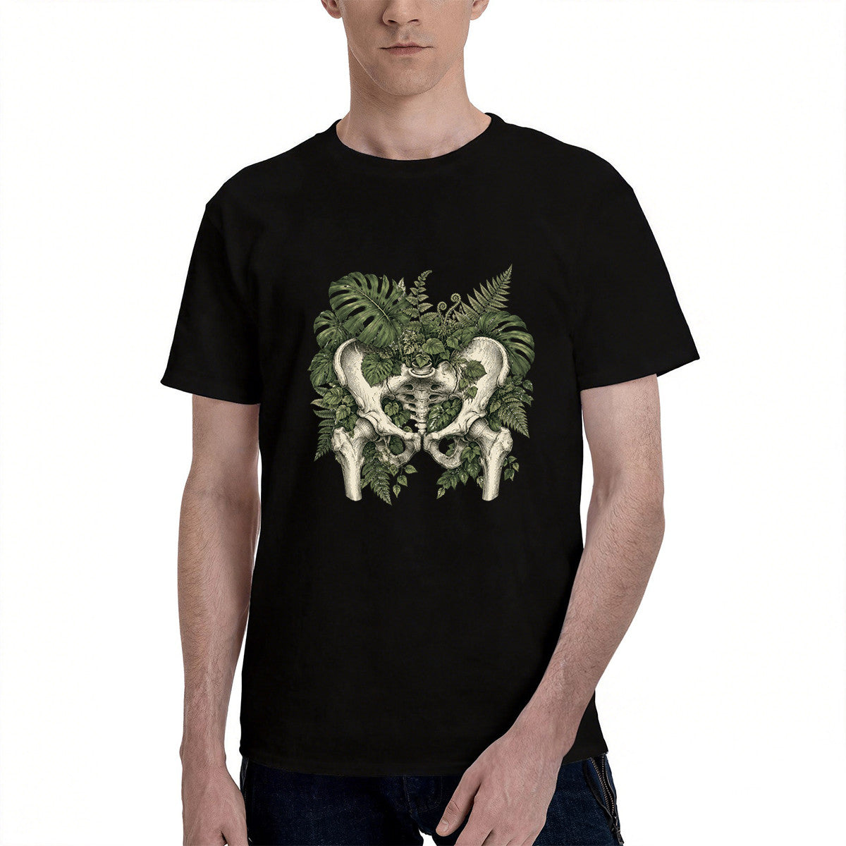 Unisex Black T-Shirt with Botanical Hip Bone Design, Soft Cotton, Perfect for Nature Lovers