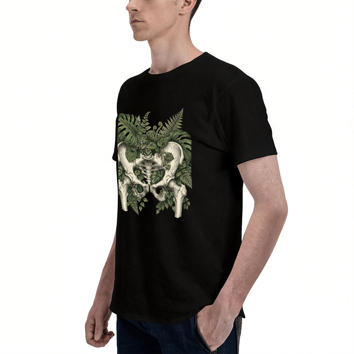 Unisex Black T-Shirt with Botanical Hip Bone Design, Soft Cotton, Perfect for Nature Lovers
