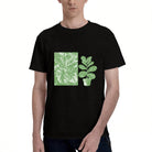 Men's Black T-Shirt with Green Plant Print, Soft Cotton, Casual Wear for Any Occasion