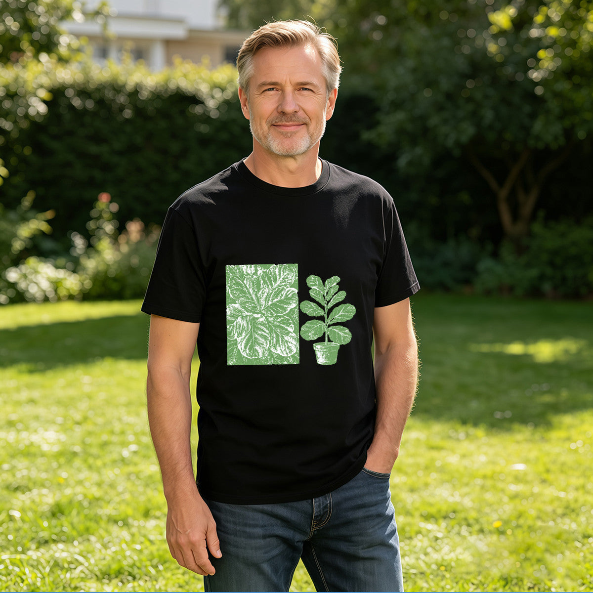 Men's Black T-Shirt with Green Plant Print, Soft Cotton, Casual Wear for Any Occasion