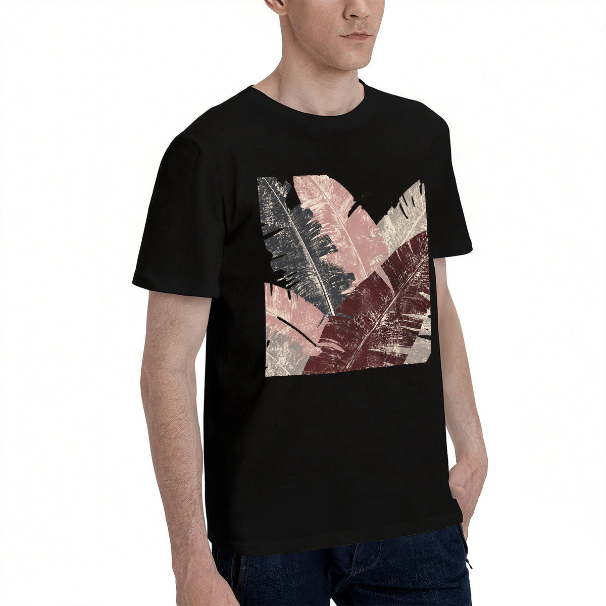 Men's Black T-Shirt with Vibrant Tropical Leaf Print, Soft Cotton Material, Perfect for Summer Outfits