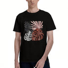 Men's Black Tropical Leaf Graphic T-Shirt, Soft Cotton, Casual Summer Wear, Perfect for Beach Trips in California