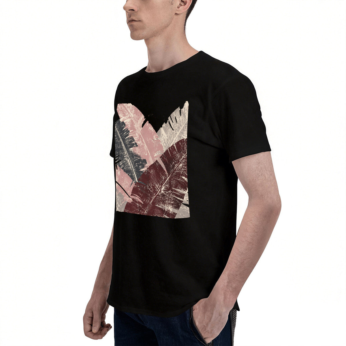 Men's Black T-Shirt with Vibrant Tropical Leaf Print, Soft Cotton Material, Perfect for Summer Outfits