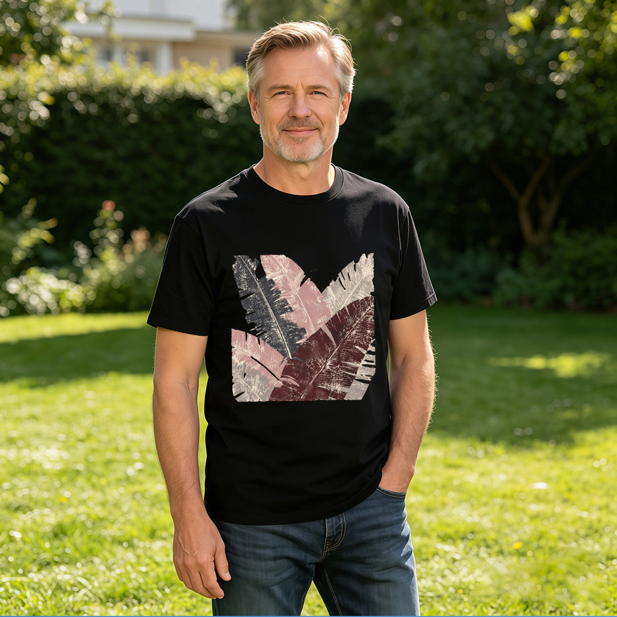 Men's Black T-Shirt with Vibrant Tropical Leaf Print, Soft Cotton Material, Perfect for Summer Outfits