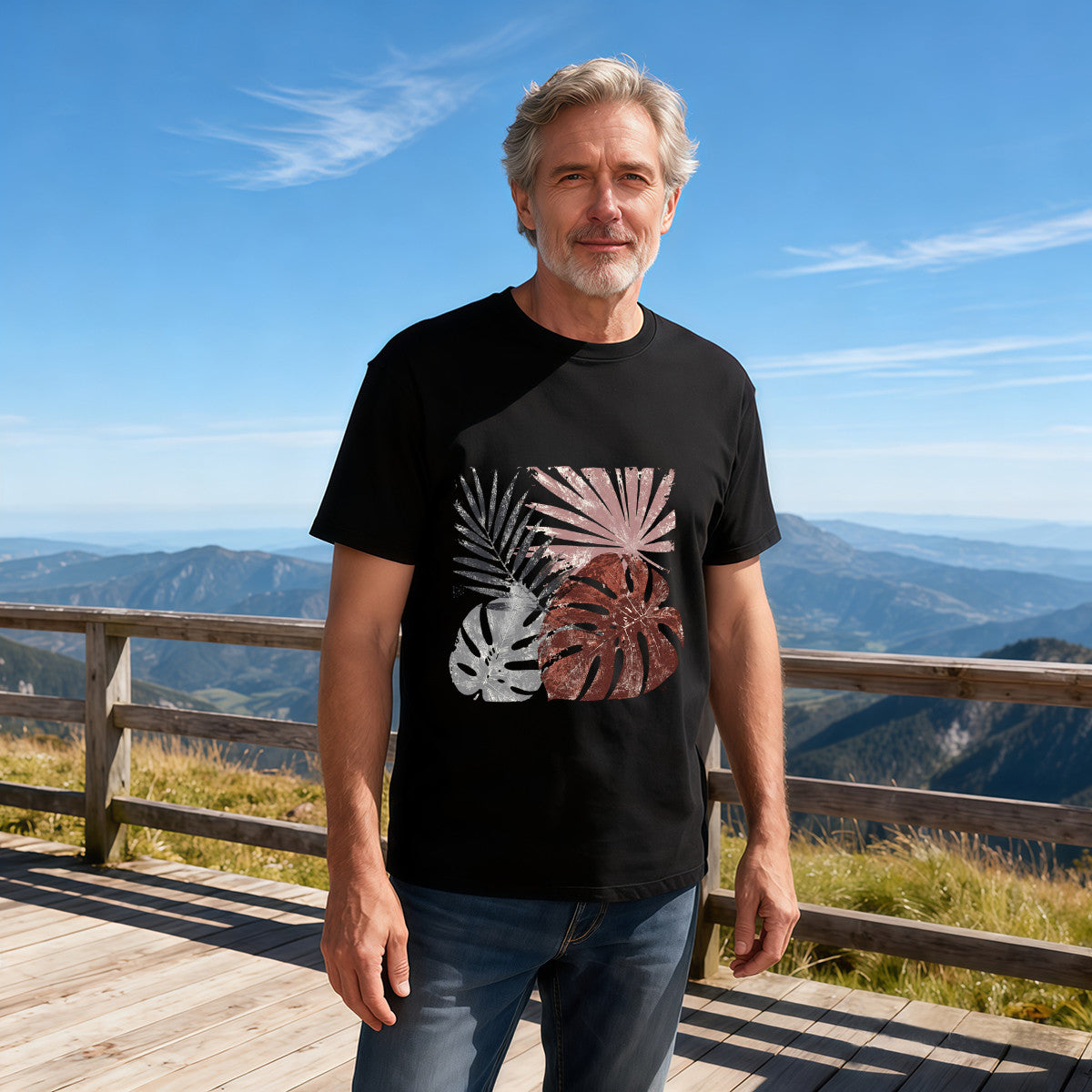 Men's Black Tropical Leaf Graphic T-Shirt, Soft Cotton, Casual Summer Wear, Perfect for Beach Trips in California
