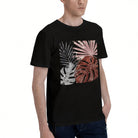 Men's Black Tropical Leaf Graphic T-Shirt, Soft Cotton, Casual Summer Wear, Perfect for Beach Trips in California