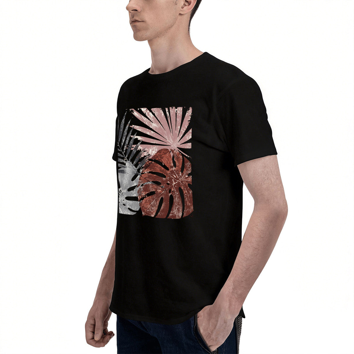 Men's Black Tropical Leaf Graphic T-Shirt, Soft Cotton, Casual Summer Wear, Perfect for Beach Trips in California
