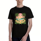 Men's Tropical Beach Sunset T-Shirt with Palm Trees and Flowers, Soft Cotton, Perfect for Summer Vacations