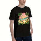 Men's Tropical Beach Sunset T-Shirt with Palm Trees and Flowers, Soft Cotton, Perfect for Summer Vacations