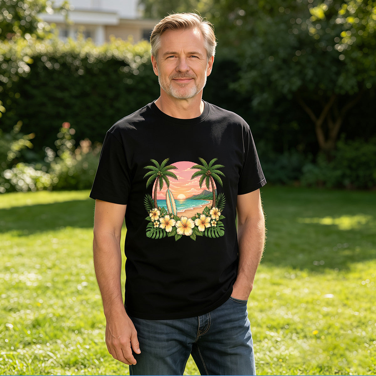 Men's Tropical Beach Sunset T-Shirt with Palm Trees and Flowers, Soft Cotton, Perfect for Summer Vacations