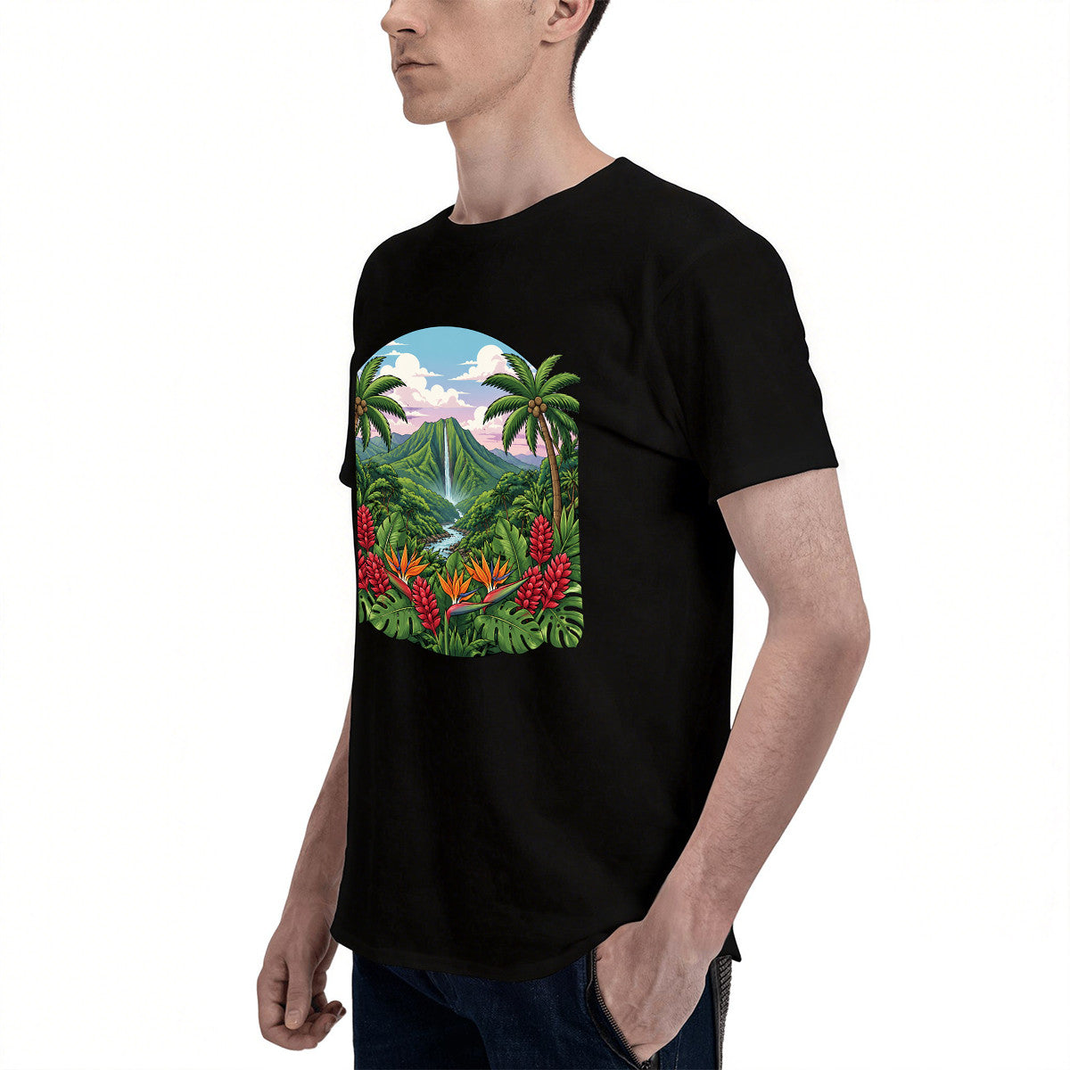 Men's Tropical Paradise T-Shirt with Vibrant Jungle Print, Soft Cotton Material, Perfect for Summer Outfits