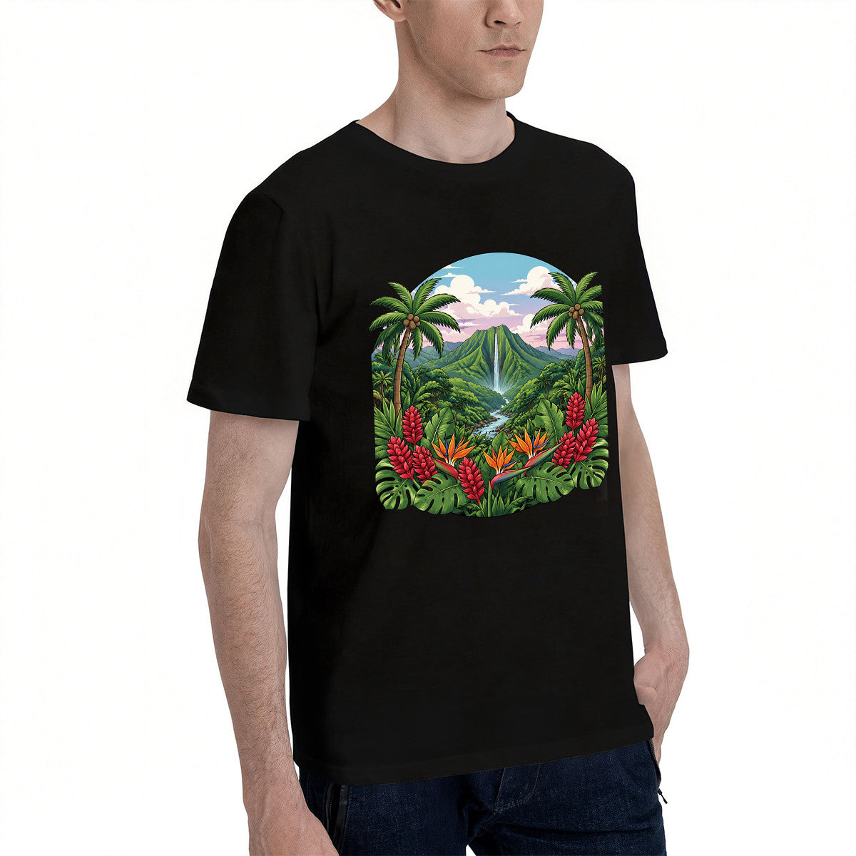 Men's Tropical Paradise T-Shirt with Vibrant Jungle Print, Soft Cotton Material, Perfect for Summer Outfits