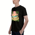 Men's Tropical Beach Sunset T-Shirt with Palm Trees and Flowers, Soft Cotton, Perfect for Summer Vacations