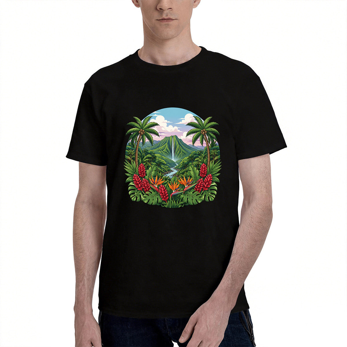 Men's Tropical Paradise T-Shirt with Vibrant Jungle Print, Soft Cotton Material, Perfect for Summer Outfits