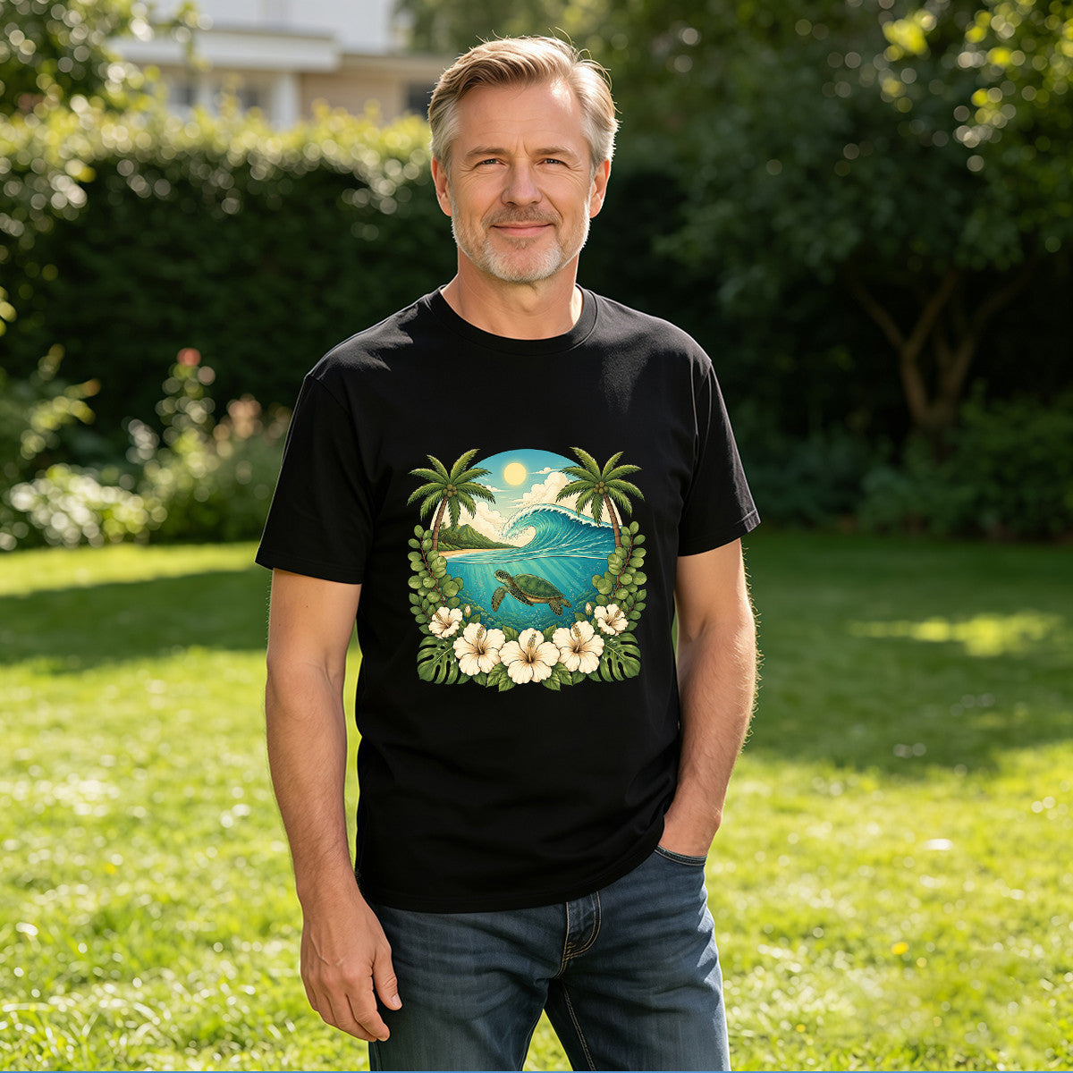 Men's Tropical Sea Turtle Wave Graphic T-Shirt, Soft Cotton, Summer Beach Wear