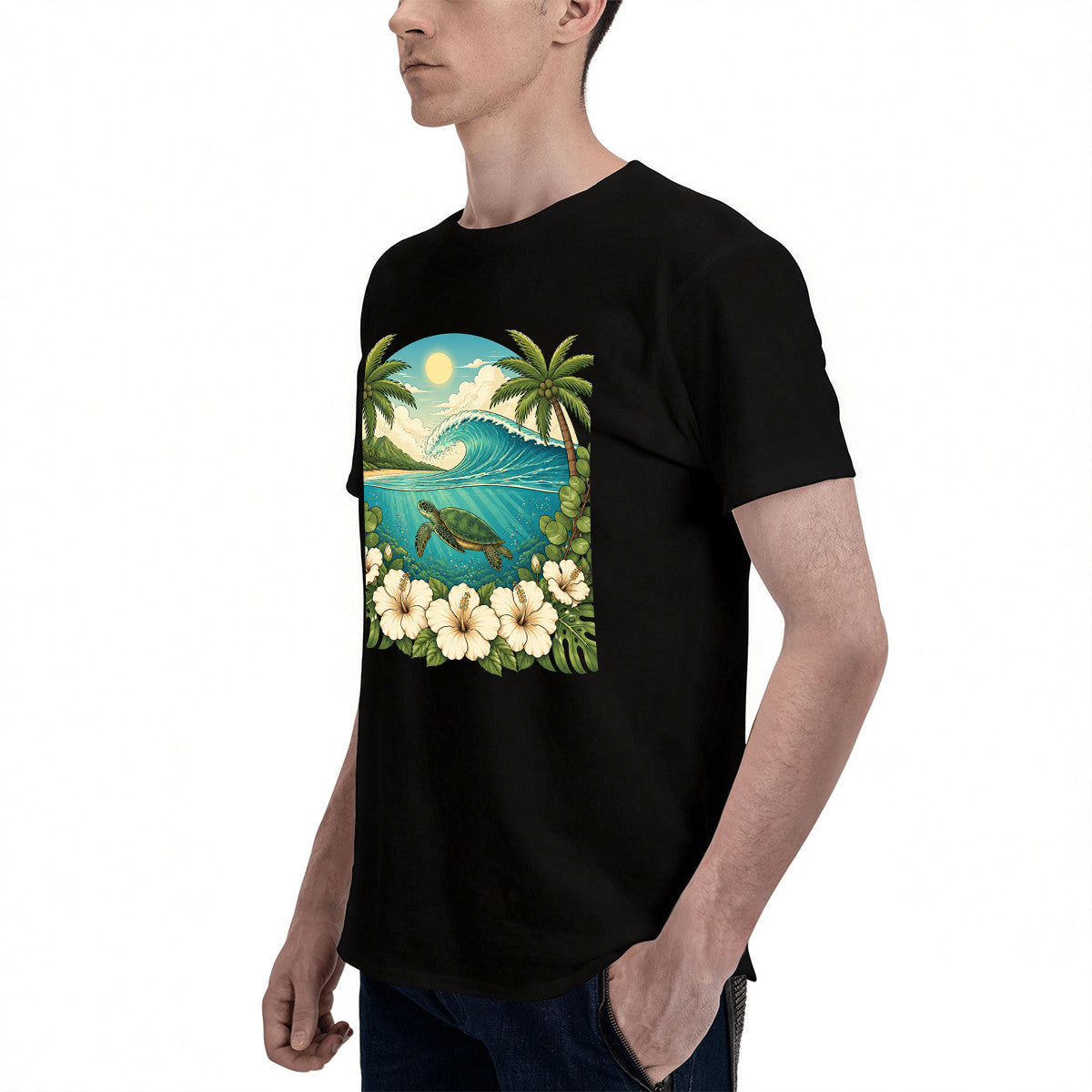 Men's Tropical Sea Turtle Wave Graphic T-Shirt, Soft Cotton, Summer Beach Wear