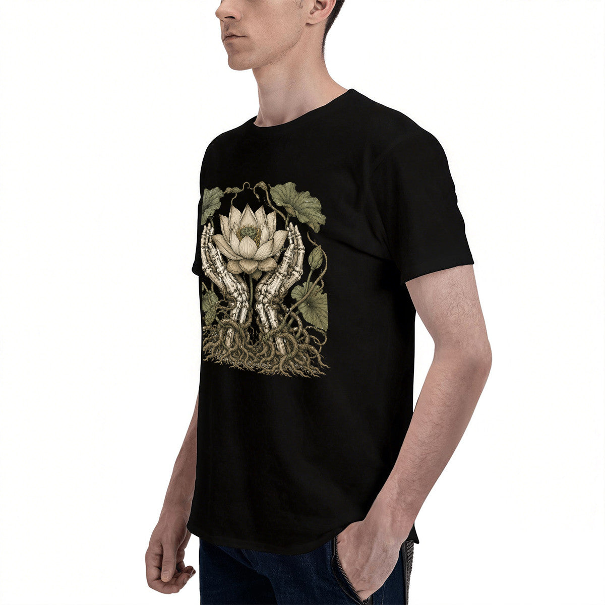 Men's Black Cotton T-Shirt with Intricate Skeleton Hands Holding Lotus Flower Design, Gothic Style, Comfortable and Durable for Everyday Wear