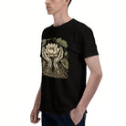 Men's Black Cotton T-Shirt with Intricate Skeleton Hands Holding Lotus Flower Design, Gothic Style, Comfortable and Durable for Everyday Wear
