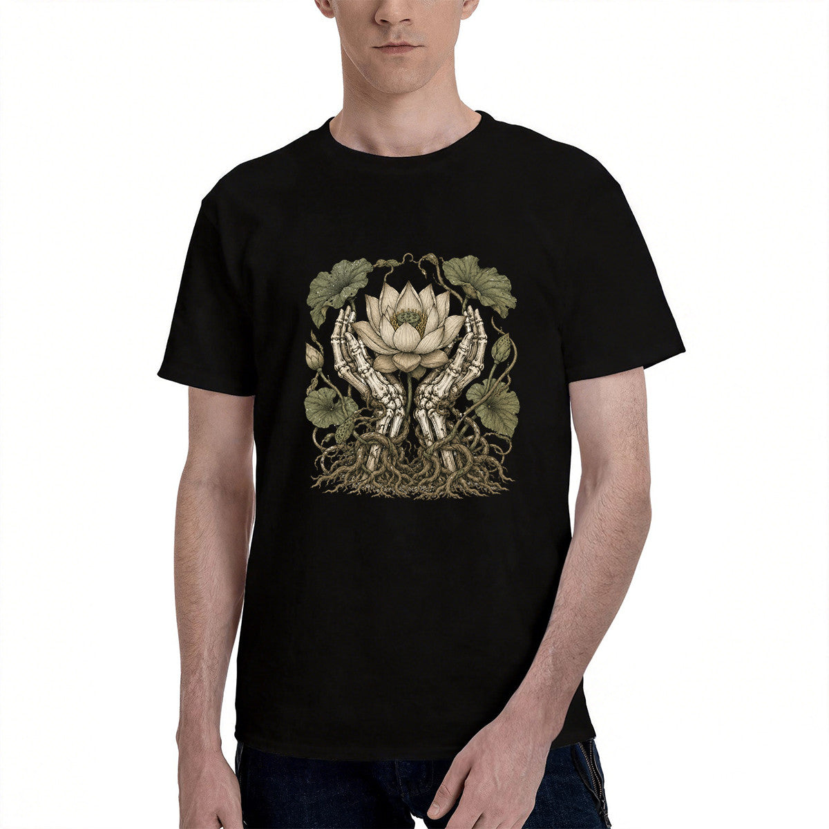 Men's Black Cotton T-Shirt with Intricate Skeleton Hands Holding Lotus Flower Design, Gothic Style, Comfortable and Durable for Everyday Wear