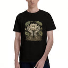 Men's Black Cotton T-Shirt with Intricate Skeleton Hands Holding Lotus Flower Design, Gothic Style, Comfortable and Durable for Everyday Wear