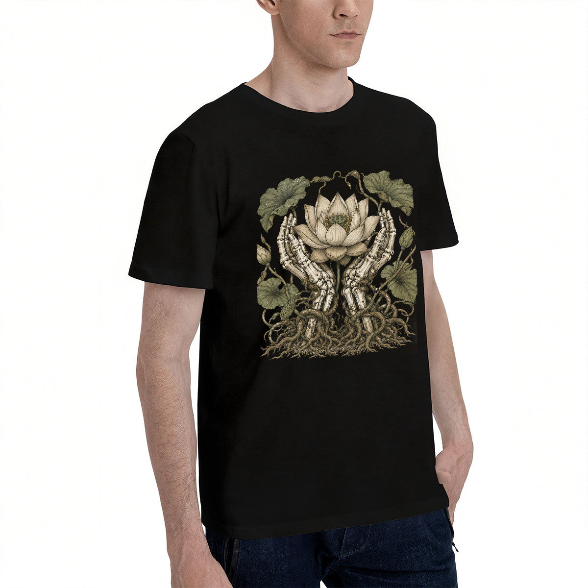 Men's Black Cotton T-Shirt with Intricate Skeleton Hands Holding Lotus Flower Design, Gothic Style, Comfortable and Durable for Everyday Wear
