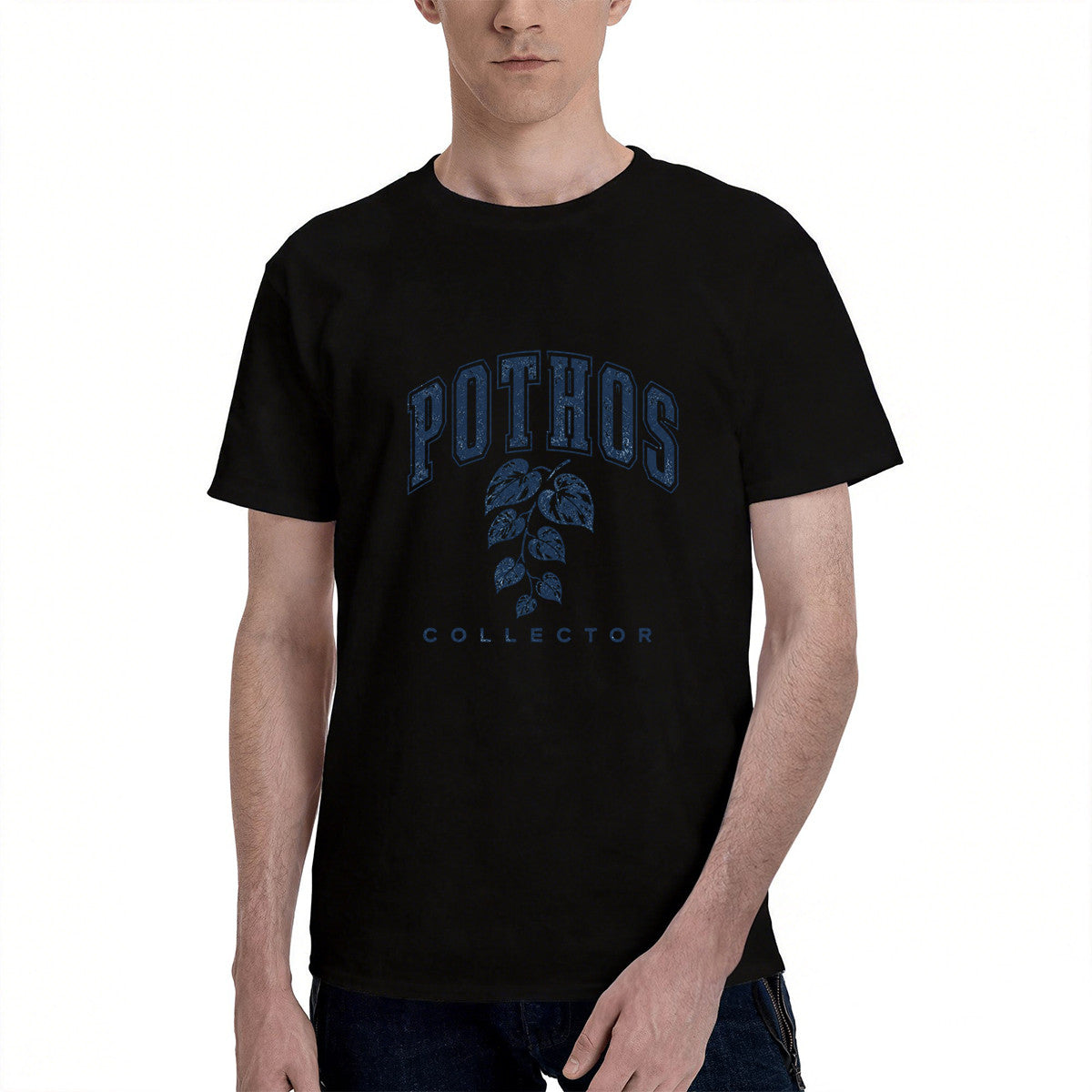 Men's Black Pothos Collector T-Shirt with Leaf Design, Soft Cotton, Casual Wear for Home or Gift