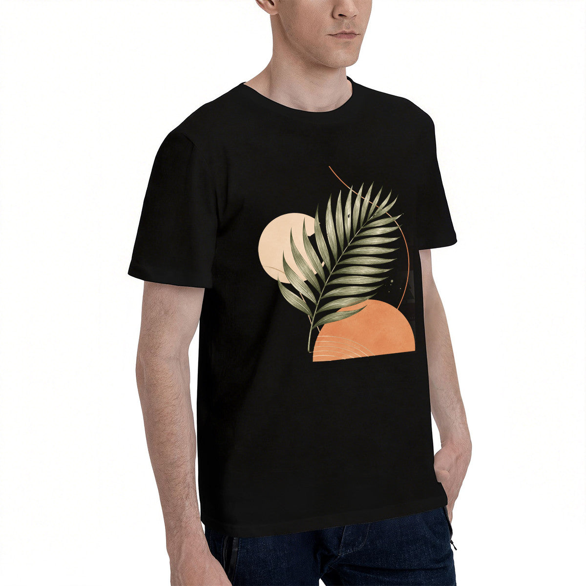 Men's Black T-Shirt with Tropical Leaf Graphic, Soft Cotton, Casual Summer Wear