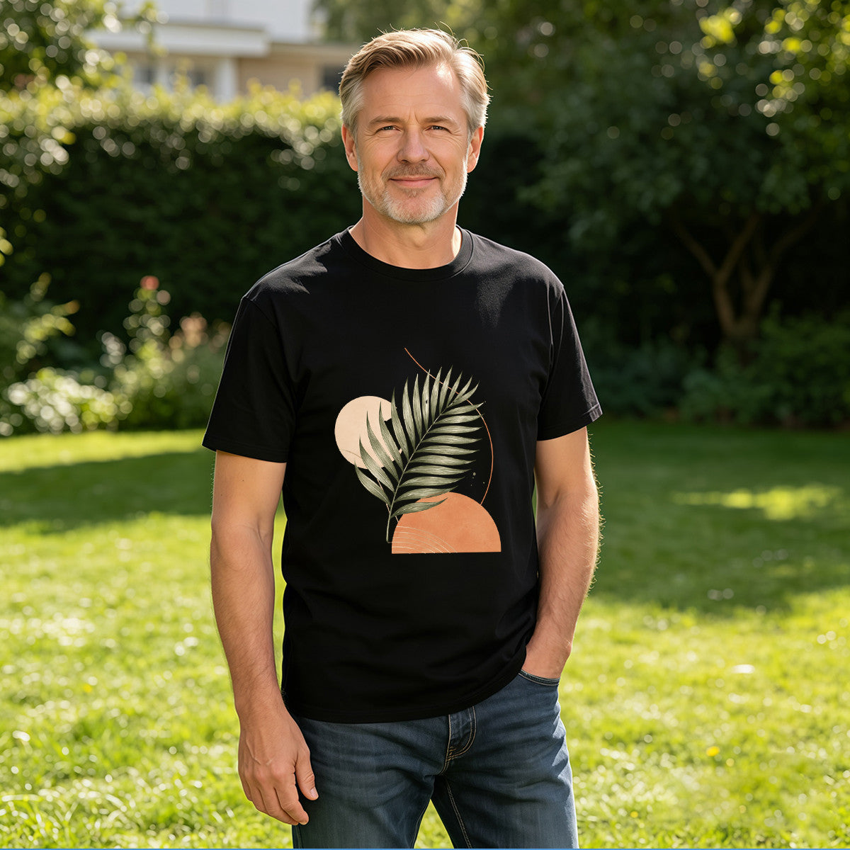 Men's Black T-Shirt with Tropical Leaf Graphic, Soft Cotton, Casual Summer Wear