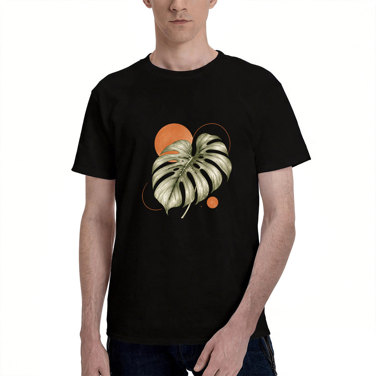 Unisex Black T-Shirt with Monstera Leaf Print, Soft Cotton, Perfect for Casual Wear or Gift