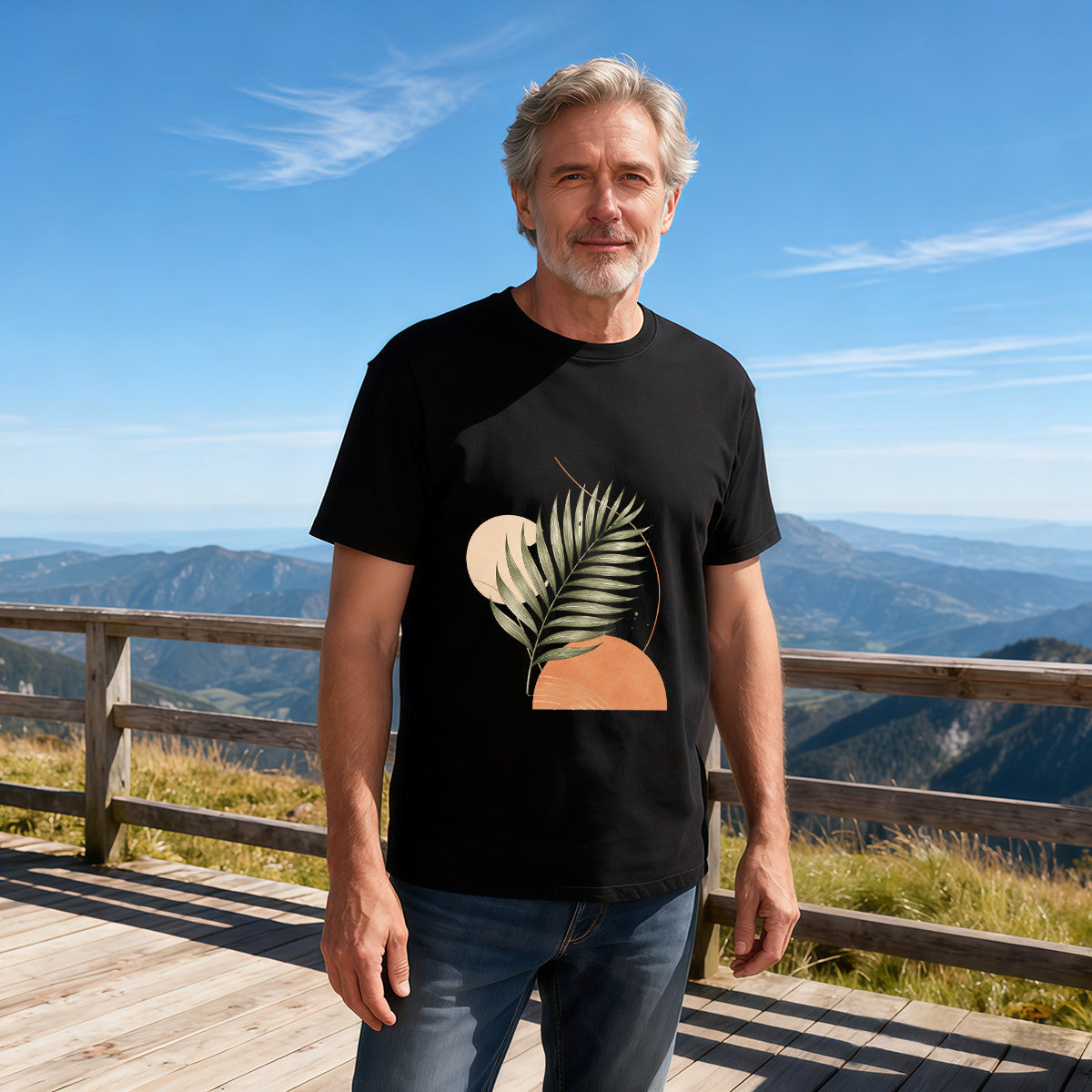 Men's Black T-Shirt with Tropical Leaf Graphic, Soft Cotton, Casual Summer Wear
