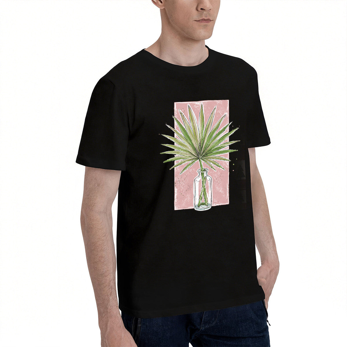 Unisex Black T-Shirt with Palm Leaf in Glass Vase Design, Soft Cotton Material, Perfect for Casual Wear or Gift