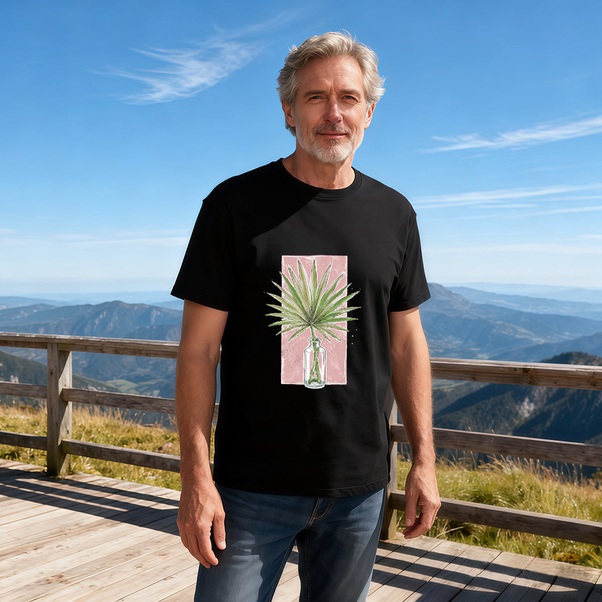 Unisex Black T-Shirt with Palm Leaf in Glass Vase Design, Soft Cotton Material, Perfect for Casual Wear or Gift