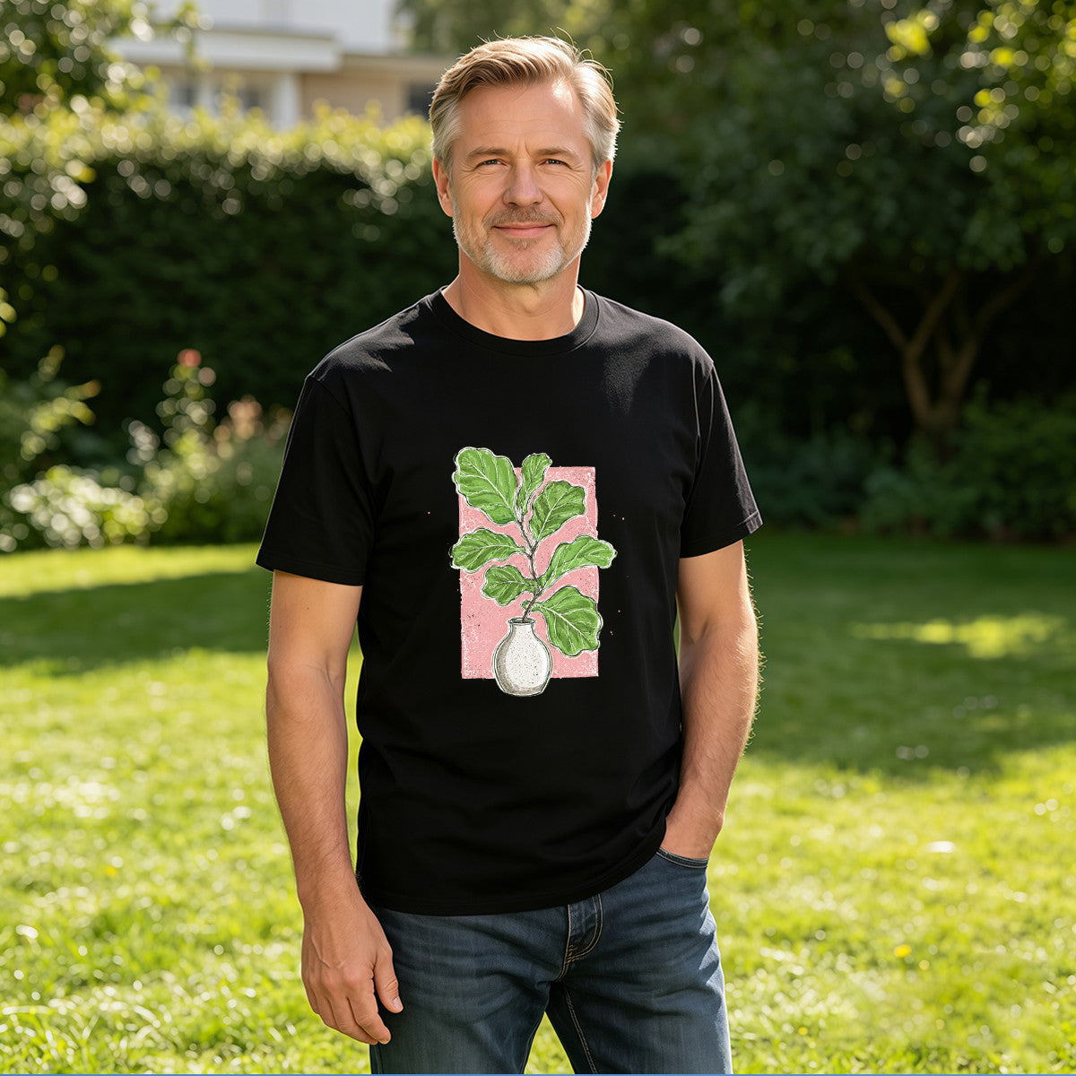 Men's Black T-Shirt with Vibrant Plant Illustration, Soft Cotton, Perfect for Casual Wear or Gift