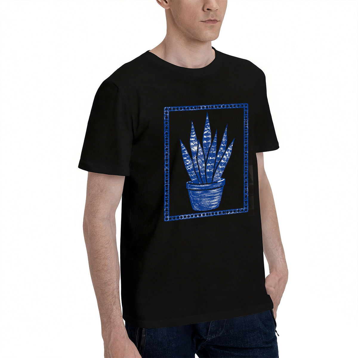 Men's Black T-Shirt with Blue Agave Plant Design, Soft Cotton, Perfect for Casual Wear or Gifts