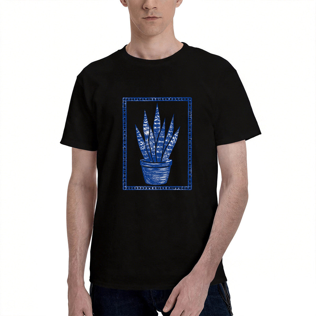 Men's Black T-Shirt with Blue Agave Plant Design, Soft Cotton, Perfect for Casual Wear or Gifts